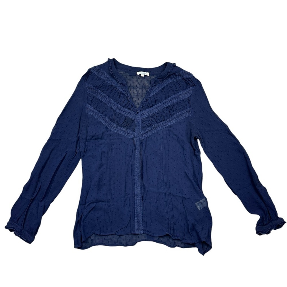 Sundance Rayna lace embroidered Blue ruffle neck blouse L large V Neck W…